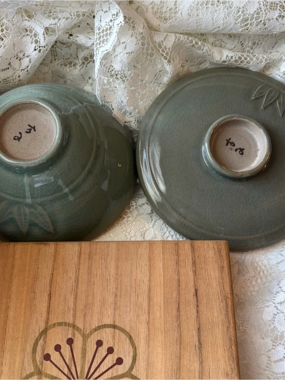 Vintage Korean Studio Celadon Lidded Bowl & Saucer Set with Signed Wood Box